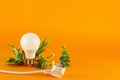 Energy saving lightbulb and green leaves on orange background Royalty Free Stock Photo