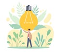 Energy saving, low consumption. Green mode energy, tiny man with huge light bulb, switch off, rational use of resources Royalty Free Stock Photo