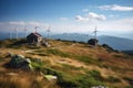 Energy saving windmills, turbin at nature, sea, mountains, fields