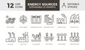 Energy sources, sustainable vs harmful. Vector thin line icons with eco and fossil fuel plants, factories, stations and energy Royalty Free Stock Photo