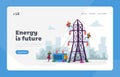 Energy Station Powerline in City Landing Page Template. Electrician Workers Characters with Tools