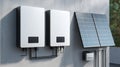 Energy storage battery system with solar panel on wall for sustainable power supply and eco friendly technology Royalty Free Stock Photo