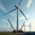 Energy Technicians Installing Wind Turbine in a Green Field Under a Clear Sky
