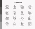 Energy thin line icon: factory, oil platform, hydropower, wind energy, power socket, radioactivity, garbage, oil rig, green house Royalty Free Stock Photo