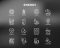 Energy thin line icon: factory, oil platform, hydropower, wind energy, power socket, radioactivity, garbage, oil rig, green house Royalty Free Stock Photo