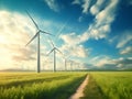 Energy wind farm on green field. Windmill turbines line generating electricity. Clean eco technology power. Green modern Royalty Free Stock Photo