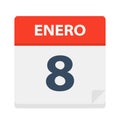 Enero 8 - Calendar Icon - January 8. Vector illustration of Spanish Calendar Leaf