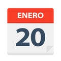 Enero 20 - Calendar Icon - January 20. Vector illustration of Spanish Calendar Leaf