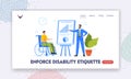 Enforce Disability Etiquette Landing Page Template. Disabled Business Man on Wheelchair Watch Seminar Presentation