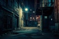 Nightfall Urban Poetry. Darkened city alley with weathered textures and expressive graffiti artistry. Generative AI
