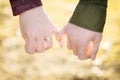 An engaged man and woman hold pinkie fingers showing their love.