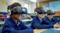 Engaged students explore virtual reality technology in modern classrooms. They experience immersive learning with VR headsets Royalty Free Stock Photo