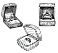 Engagement diamond golden rings in ring boxes sketch set. Wedding accessory or pleasant surprise. Different wedding Royalty Free Stock Photo