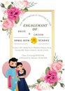 Engagement invitation card with floral bouquet and border decoration with an Indian couple