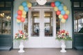 engagement party venue entrance with balloons and flowers Royalty Free Stock Photo