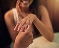 Engagement, proposal and woman hands with ring in restaurant for celebration, wedding and marriage. Love, valentines