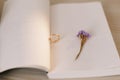 An engagement ring on the background of a book and a flower. Proposal of marriage. Wedding details. Royalty Free Stock Photo