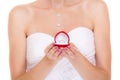 Engagement ring box in woman bride hands. Royalty Free Stock Photo