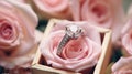 An engagement ring on pink rose bouquet, marriage proposal and wedding anniversary concept, romantic valentine s day background. Royalty Free Stock Photo