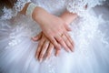 Engagement rings at the hands of the newlyweds Royalty Free Stock Photo