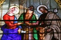 Engagement of the Virgin Mary, stained glass window in the Church of St Joseph in Nazareth, Israel Royalty Free Stock Photo