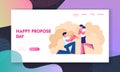 Engagement Website Landing Page, Young Man Stand on Knee with Ring in Hand Making Offer to Woman Asking her Marry him Royalty Free Stock Photo