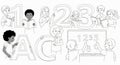 Engaging black and white illustration depicting diverse children interacting with numbers and letters, emphasizing learning and Royalty Free Stock Photo