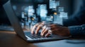 Engaging in Digital Communication: A Person Typing on a Laptop While Data Visualizations Appear in the Air Royalty Free Stock Photo