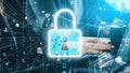 Digital Security Concept with Hands on Keyboard and Pixelated Lock Symbol Overlaid in Futuristic Tech Environment for Royalty Free Stock Photo