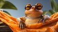 An engaging frog wearing sunglasses, casually lounging on an orange hammock with a tropical backdrop