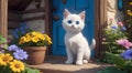 cute white blue-eyed kitten near a magical fairy-tale house with colorful blooming flowers