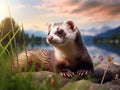 Adorable Moment: The Whimsical Adventure of a Ferret on a Vibrant Green Field