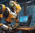An engaging image of a robot AI assistant offering support, depicted with a high-tech laptop interface, generative AI
