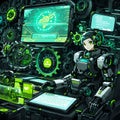 An engaging image of a robot AI assistant offering support, depicted with floating gears high-tech laptop interface, generative AI