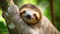 Adorable Sloth Portrait Amidst Vibrant Rainforest Greenery, Playful Expression Showcasing Humor and Charm in Wildlife Photography Royalty Free Stock Photo