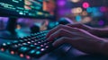 Engaging in programming with hands actively typing on a keyboard in a vibrant workspace Royalty Free Stock Photo