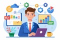Engaging project management illustration featuring a focused professional working on a laptop surrounded by icons and graphs Royalty Free Stock Photo