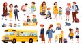 Engaging vector illustrations of students and teachers in various school settings including a bus. Royalty Free Stock Photo