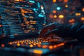 Engaging with vibrant code while immersed in a tech-driven environment during late night programming. Generative AI