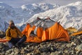 Engilchek glacier camping Royalty Free Stock Photo