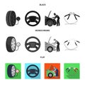 Engine adjustment, steering wheel, clamp and wheel black, flat, monochrome icons in set collection for design.Car Royalty Free Stock Photo