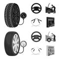 Engine adjustment, steering wheel, clamp and wheel black,monochrome icons in set collection for design.Car maintenance Royalty Free Stock Photo