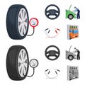 Engine adjustment, steering wheel, clamp and wheel cartoon,monochrome icons in set collection for design.Car maintenance Royalty Free Stock Photo
