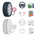 Engine adjustment, steering wheel, clamp and wheel cartoon,outline icons in set collection for design.Car maintenance