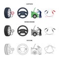 Engine adjustment, steering wheel, clamp and wheel cartoon,outline,monochrome icons in set collection for design.Car Royalty Free Stock Photo