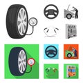 Engine adjustment, steering wheel, clamp and wheel monochrome,flat icons in set collection for design.Car maintenance Royalty Free Stock Photo