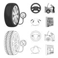 Engine adjustment, steering wheel, clamp and wheel outline,monochrome icons in set collection for design.Car maintenance Royalty Free Stock Photo