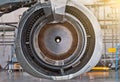 Engine of the airplane under heavy maintenance. Royalty Free Stock Photo