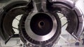Engine of the airplane under heavy maintenance. Aircraft maintenance, dismantled plane engine. Chassis of the airplane Royalty Free Stock Photo