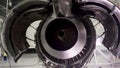Engine of the airplane under heavy maintenance. Aircraft maintenance, dismantled plane engine. Chassis of the airplane Royalty Free Stock Photo